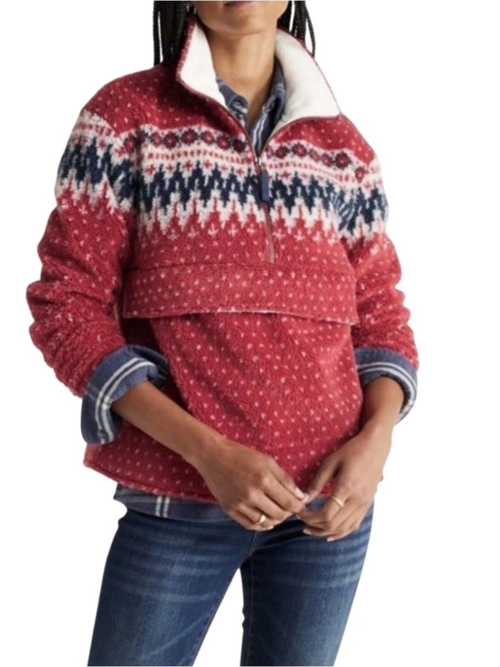LL Bean Signature Womens Fleece Sherpa Medium Half Zip Front Zip Pouch Fair Isl